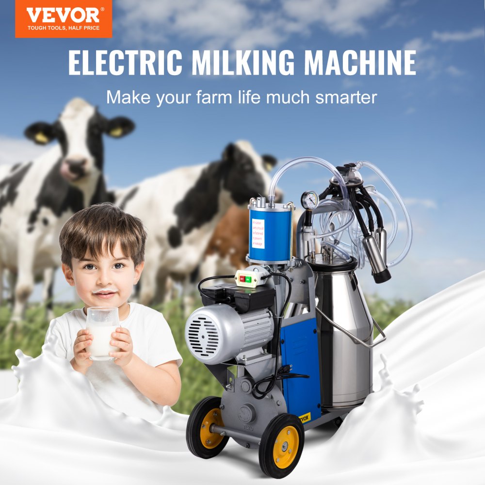 VEVOR Nueva Máquina de Ordeño Eléctrica 25 L 0,55 kW, Ordeñadora Eléctrica para Vacas 64 por Minuto, Ordeñadora de Acero Inoxidable con Ruedas Giratorias para Cabras con Velocidad de 1440 RPM/min