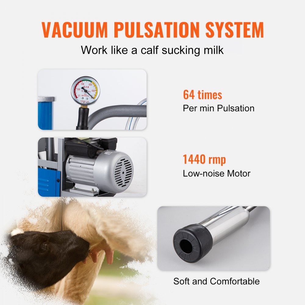 VEVOR Nueva Máquina de Ordeño Eléctrica 25 L 0,55 kW, Ordeñadora Eléctrica para Vacas 64 por Minuto, Ordeñadora de Acero Inoxidable con Ruedas Giratorias para Cabras con Velocidad de 1440 RPM/min
