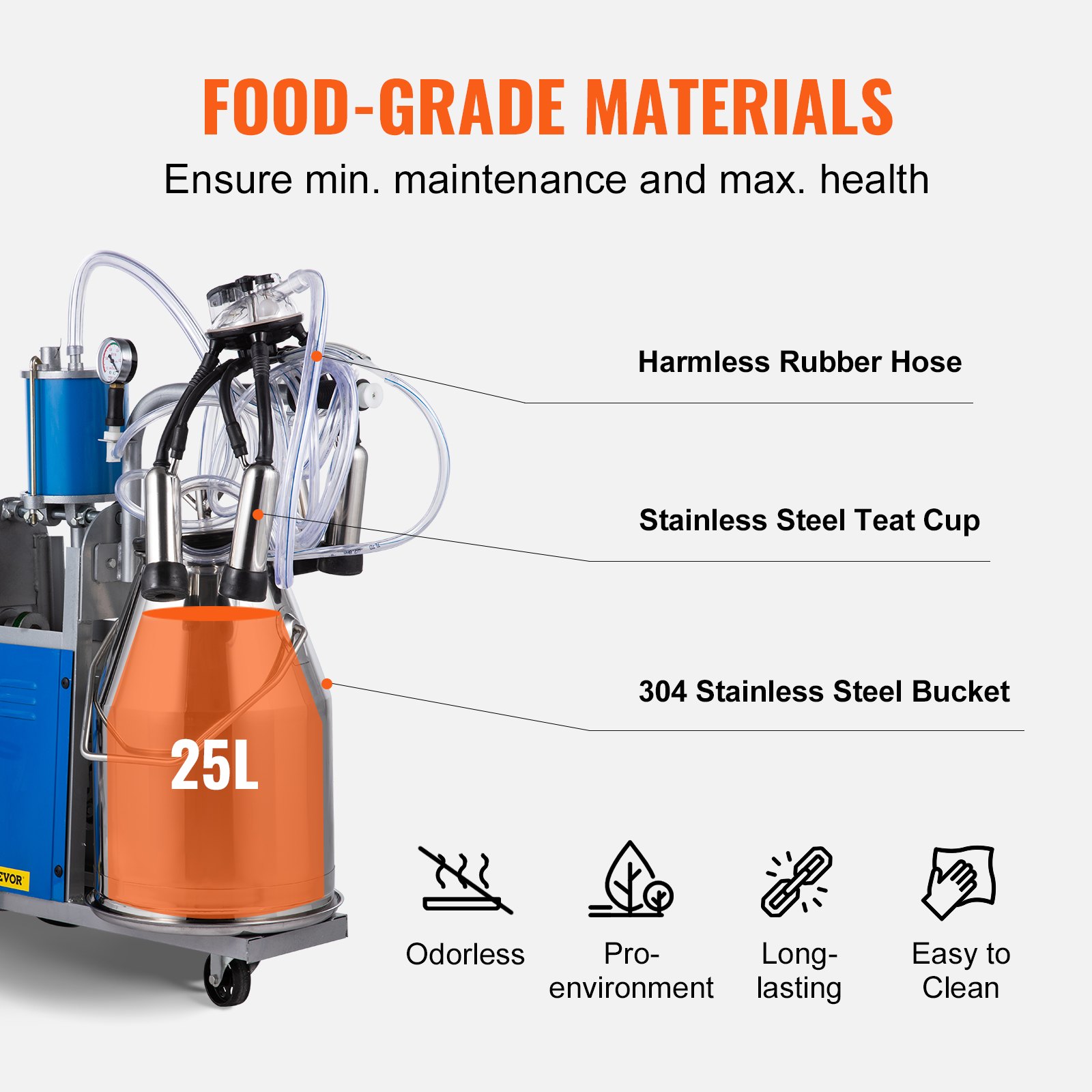 VEVOR Nueva Máquina de Ordeño Eléctrica 25 L 0,55 kW, Ordeñadora Eléctrica para Vacas 64 por Minuto, Ordeñadora de Acero Inoxidable con Ruedas Giratorias para Cabras con Velocidad de 1440 RPM/min