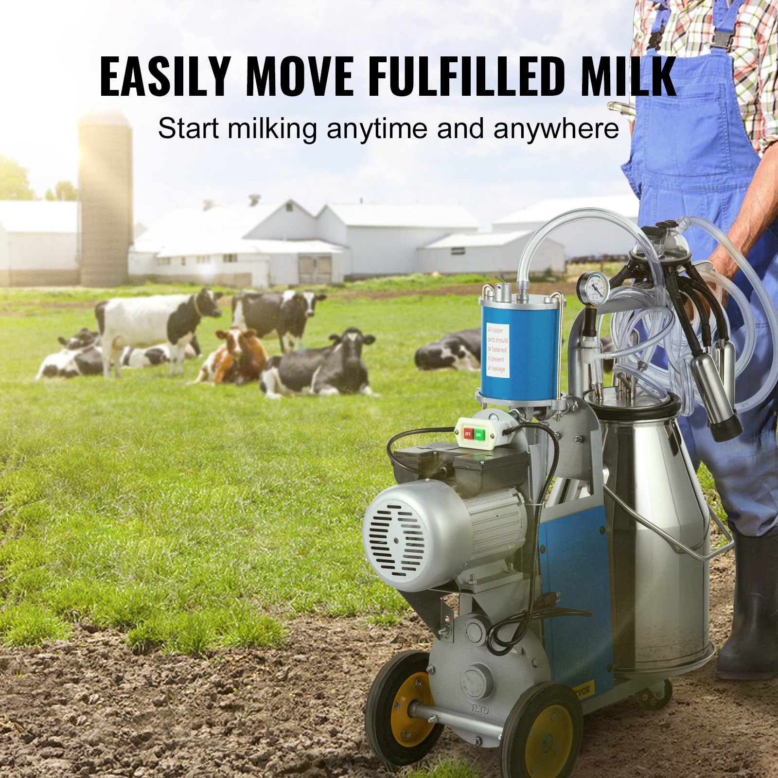 VEVOR Nueva Máquina de Ordeño Eléctrica 25 L 0,55 kW, Ordeñadora Eléctrica para Vacas 64 por Minuto, Ordeñadora de Acero Inoxidable con Ruedas Giratorias para Cabras con Velocidad de 1440 RPM/min