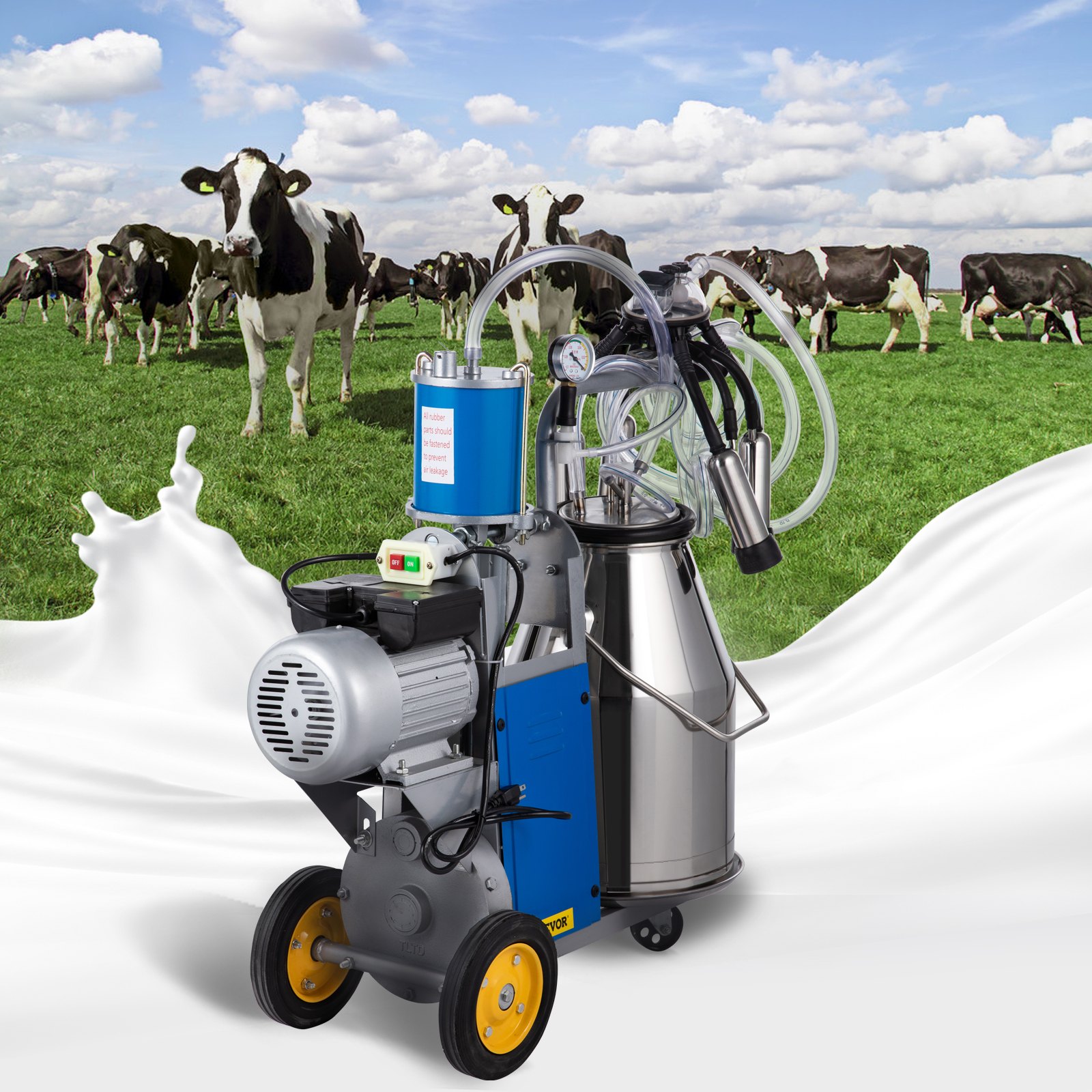 VEVOR Nueva Máquina de Ordeño Eléctrica 25 L 0,55 kW, Ordeñadora Eléctrica para Vacas 64 por Minuto, Ordeñadora de Acero Inoxidable con Ruedas Giratorias para Cabras con Velocidad de 1440 RPM/min
