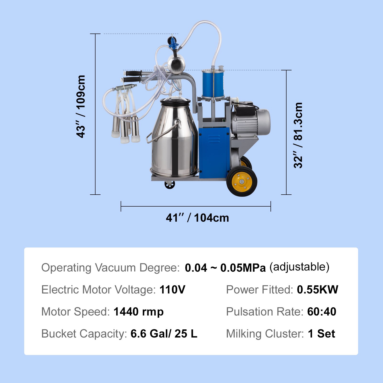 VEVOR Ordeñadora para Vaca de Acero Inoxidable 304 1440 rpm/min 10-12 Vacas/Hora