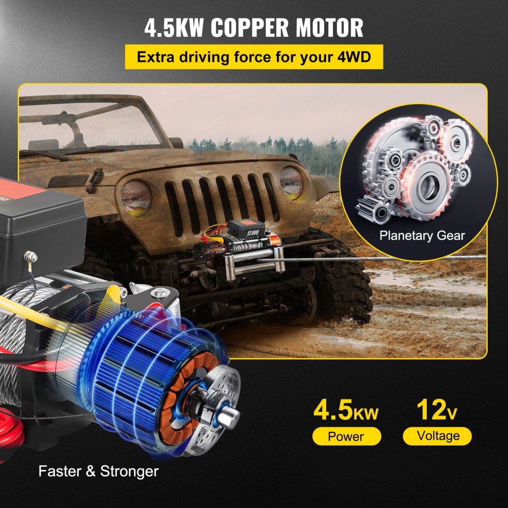 VEVOR Truck Winch 12000lbs Cabrestante eléctrico 85ft/26m Cable de acero 12V Power Winch Jeep Winch con control remoto inalámbrico y potente motor para UTV ATV y Jeep Truck y Wrangler en Car Lift