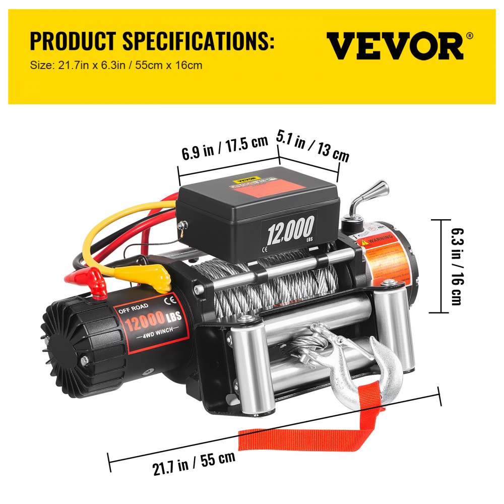 VEVOR Truck Winch 12000lbs Cabrestante eléctrico 85ft/26m Cable de acero 12V Power Winch Jeep Winch con control remoto inalámbrico y potente motor para UTV ATV y Jeep Truck y Wrangler en Car Lift