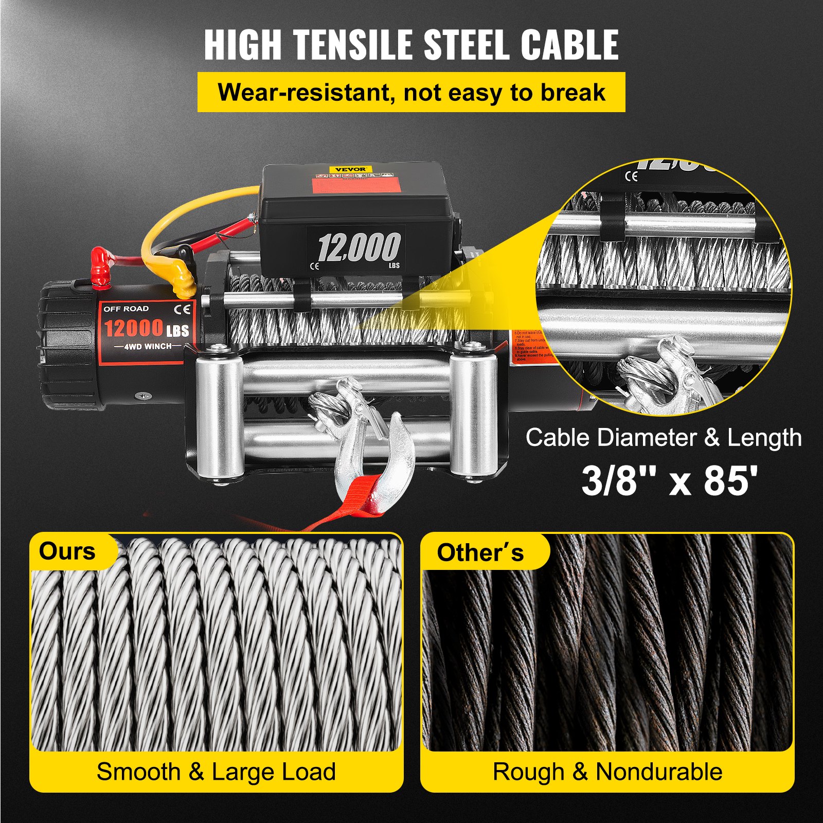 VEVOR Truck Winch 12000lbs Cabrestante eléctrico 85ft/26m Cable de acero 12V Power Winch Jeep Winch con control remoto inalámbrico y potente motor para UTV ATV y Jeep Truck y Wrangler en Car Lift