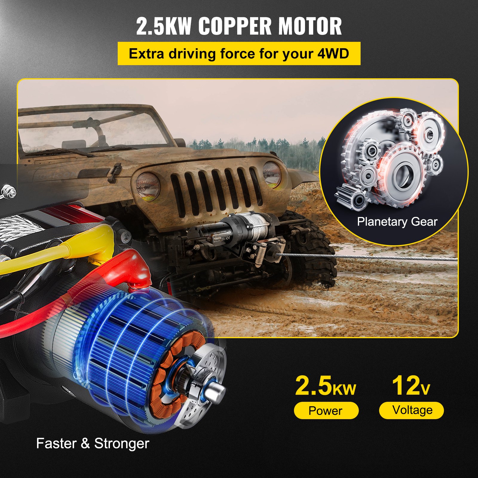 VEVOR Cabrestante eléctrico Capacidad de carga de 5000 lb Cabrestante de camión Compatible con Jeep Truck SUV Cable de acero de 43 pies / 13 m Cabrestante de alimentación de 12 V con control remoto inalámbrico, motor potente para ATV UTV Off Road Trailer