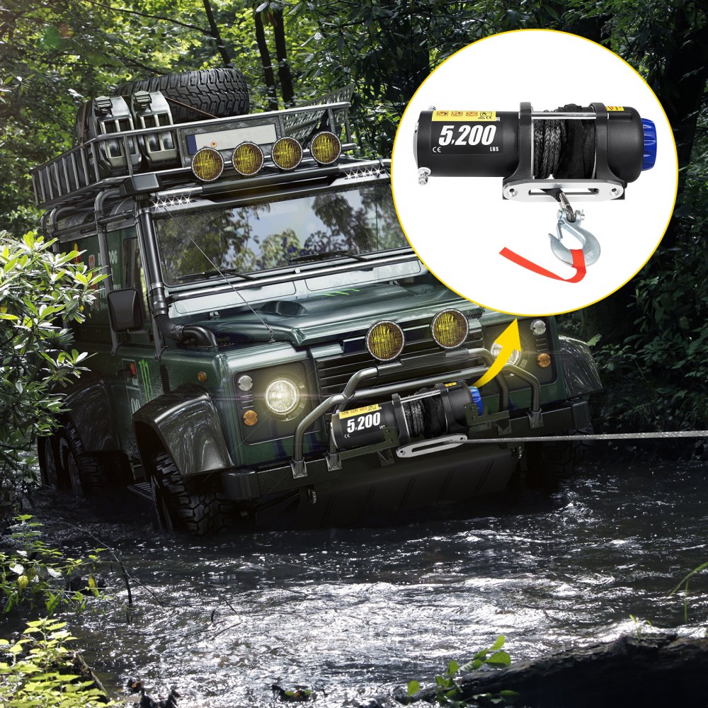 Cabrestante eléctrico VEVOR, capacidad de 5200 lbs, cuerda sintética de 42.6 '/13 m, cabrestantes impermeables para ATV UTV con control remoto inalámbrico y cable y Hawse Fairlead, para remolcar Jeep Off Road SUV Truck Car Trailer