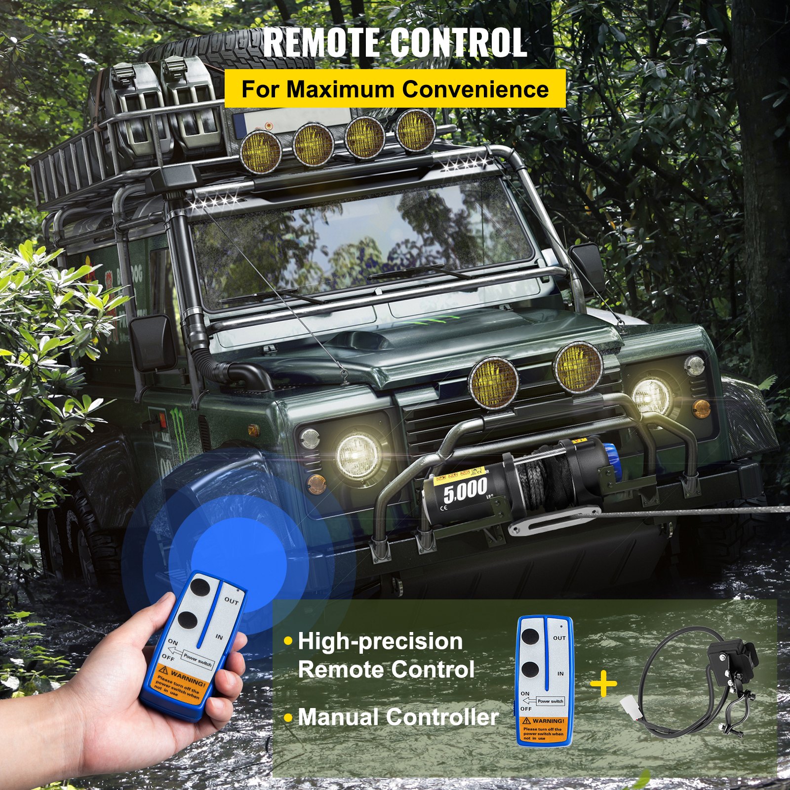 Cabrestante eléctrico VEVOR, capacidad de 5200 lbs, cuerda sintética de 42.6 '/13 m, cabrestantes impermeables para ATV UTV con control remoto inalámbrico y cable y Hawse Fairlead, para remolcar Jeep Off Road SUV Truck Car Trailer