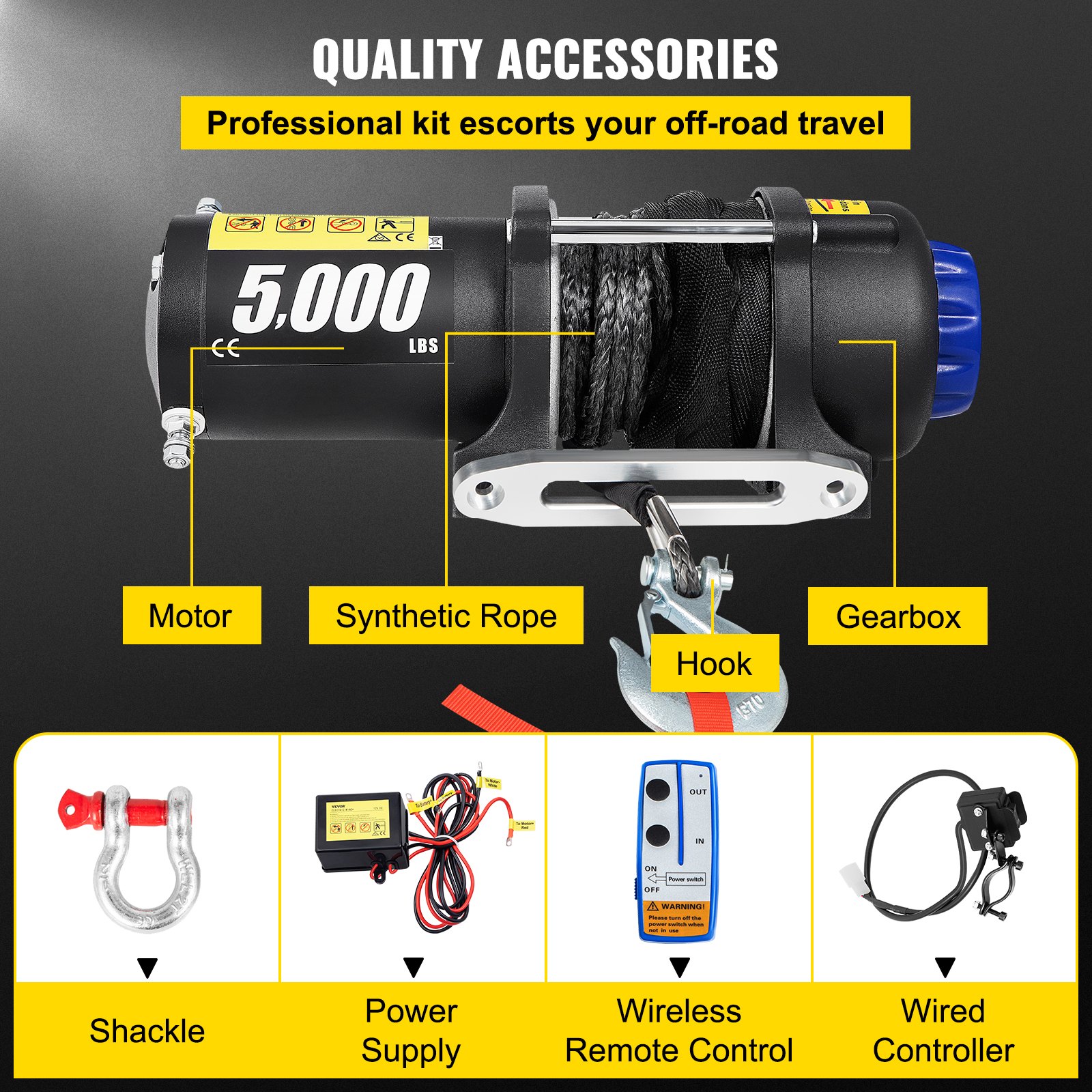 Cabrestante eléctrico VEVOR, capacidad de 5200 lbs, cuerda sintética de 42.6 '/13 m, cabrestantes impermeables para ATV UTV con control remoto inalámbrico y cable y Hawse Fairlead, para remolcar Jeep Off Road SUV Truck Car Trailer