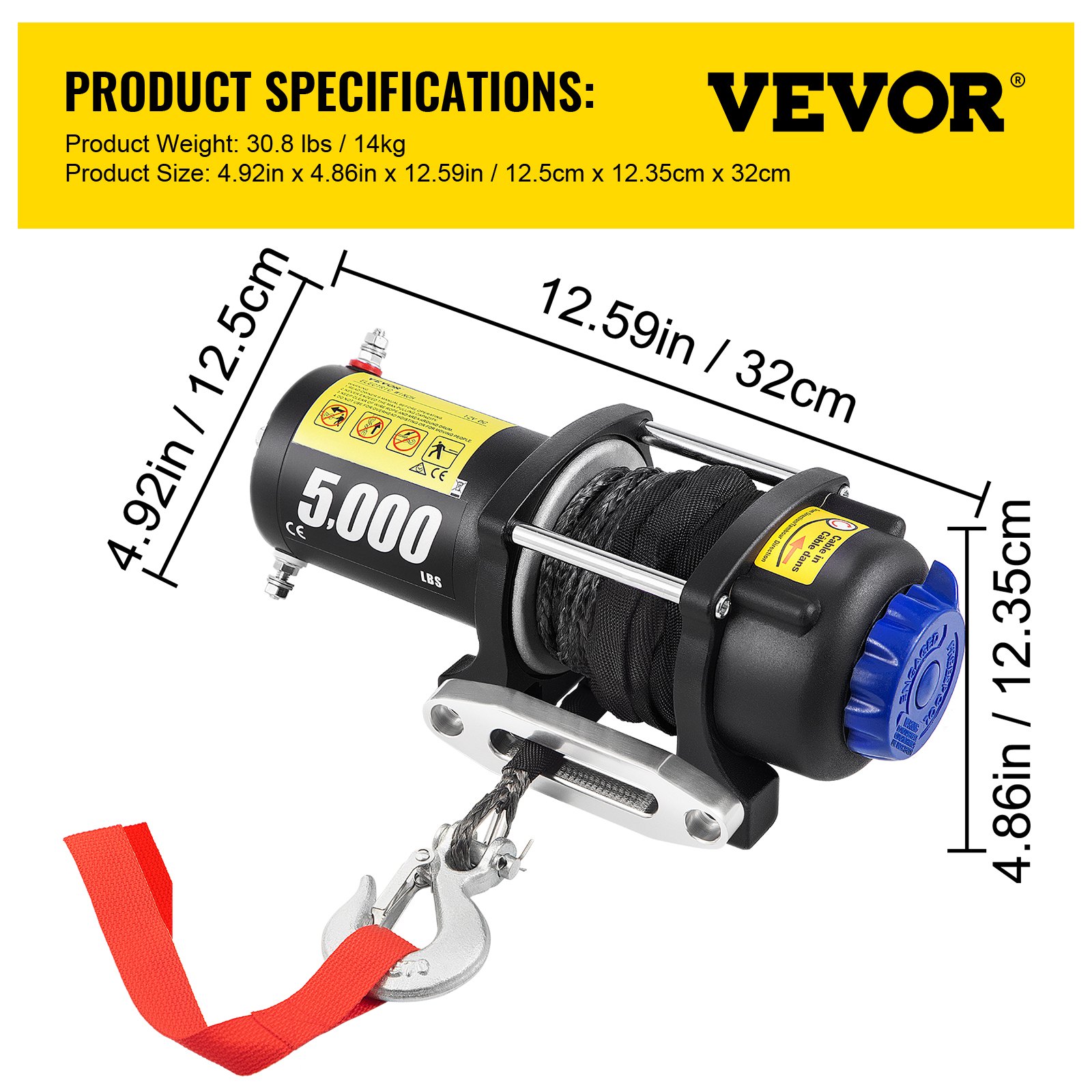 Cabrestante eléctrico VEVOR, capacidad de 5200 lbs, cuerda sintética de 42.6 '/13 m, cabrestantes impermeables para ATV UTV con control remoto inalámbrico y cable y Hawse Fairlead, para remolcar Jeep Off Road SUV Truck Car Trailer