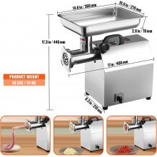 VEVOR Picadora de carne eléctrica capacidad de 396 lb/h picadora de carne industrial de 1100 W (4600 W máx.) con 2 cuchillas 3 placas de molienda