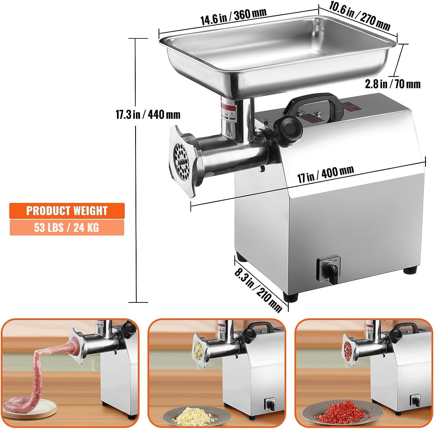 Picadora de carne eléctrica VEVOR, capacidad de 794 lb/h, picadora de carne industrial de 1100 W (4600 W máx.) con 2 cuchillas, 3 placas de molienda, tubos de salchicha, picadora de carne comercial de