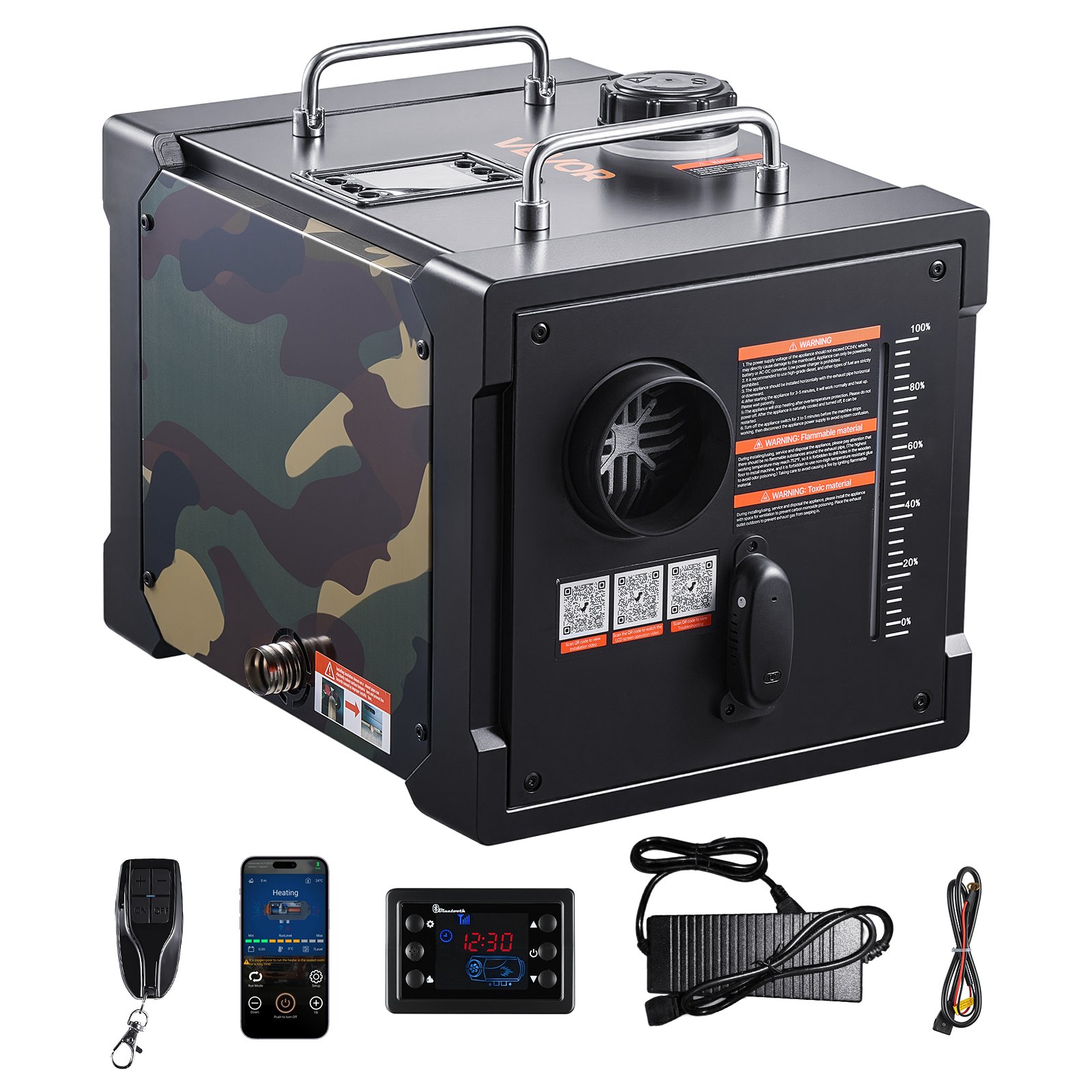 Calefactor diésel VEVOR, 8 kW, 12 V/24 V CC, calefactor de aire diésel portátil todo en uno con control por aplicación Bluetooth, control remoto y pantalla LCD, tanque de combustible de 1,9 galones para camiones, furgonetas, autocaravanas, caravanas y garajes.