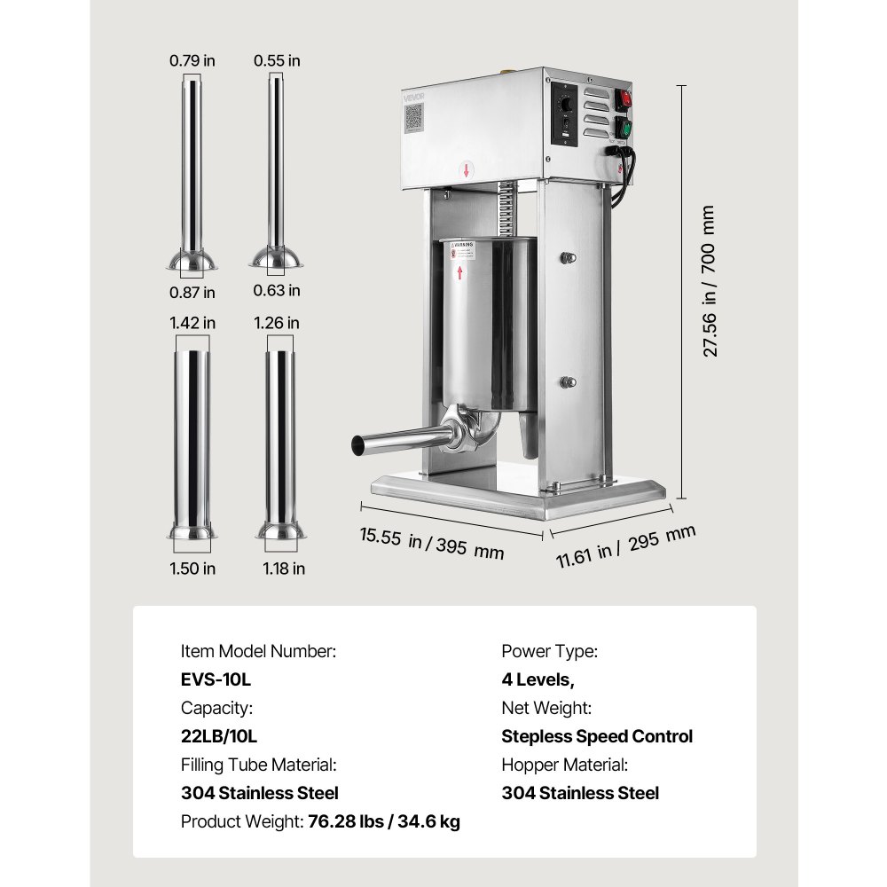 Embutidora eléctrica de salchichas VEVOR, 10 L/22 lb, control de velocidad continuo y pedal, de acero inoxidable, resistente, con 4 tubos de embutido, para uso comercial y doméstico.