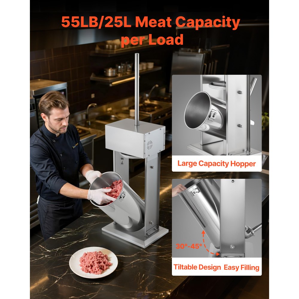 Embutidora eléctrica VEVOR, 25 litros / 25 libras, embutidora vertical de carne, control de velocidad continuo y pedal, embutidora de salchichas de alta resistencia de acero inoxidable con 5 tubos de embutido, para uso comercial y doméstico.