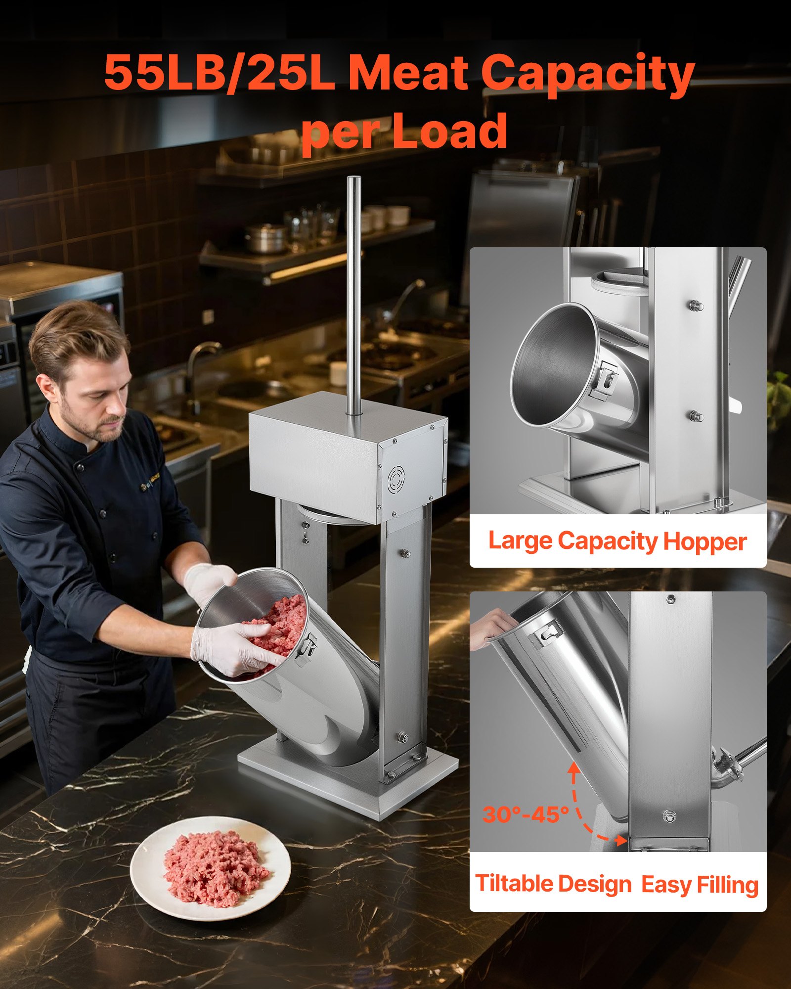 Embutidora eléctrica VEVOR, 25 litros / 25 libras, embutidora vertical de carne, control de velocidad continuo y pedal, embutidora de salchichas de alta resistencia de acero inoxidable con 5 tubos de embutido, para uso comercial y doméstico.