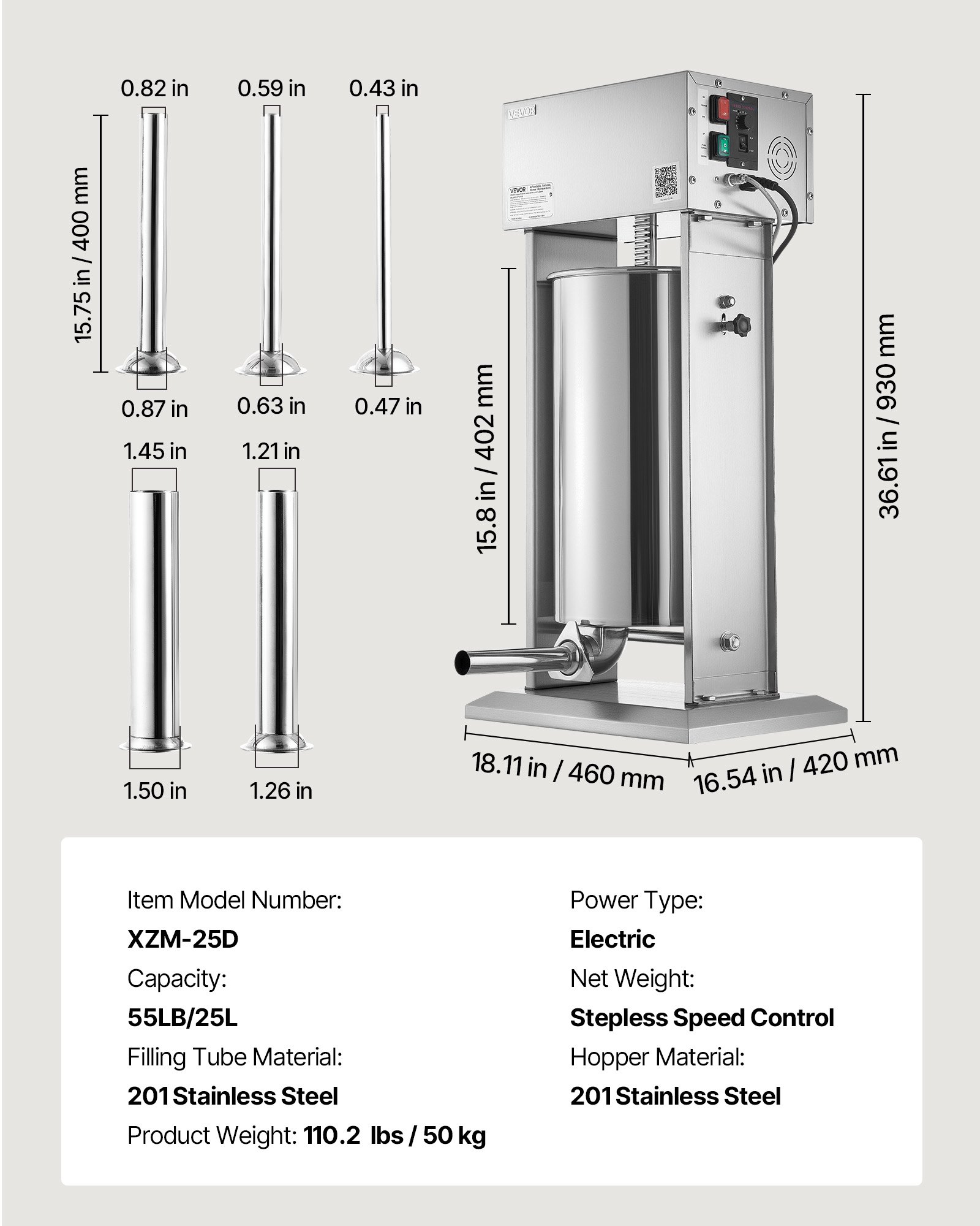 Embutidora eléctrica VEVOR, 25 litros / 25 libras, embutidora vertical de carne, control de velocidad continuo y pedal, embutidora de salchichas de alta resistencia de acero inoxidable con 5 tubos de embutido, para uso comercial y doméstico.