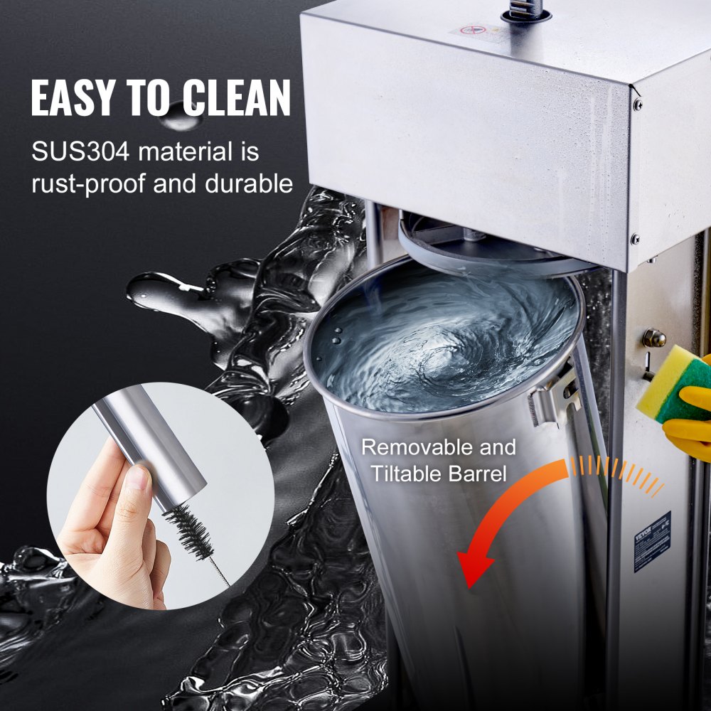 Embutidora eléctrica de salchichas VEVOR, 25 L / 55 lb, embutidora vertical de carne, motor de 400 W, control de velocidad continuo y pedal, fabricada en acero inoxidable 304 apto para uso alimentario, 5 tubos de embutido para uso doméstico y comercial.