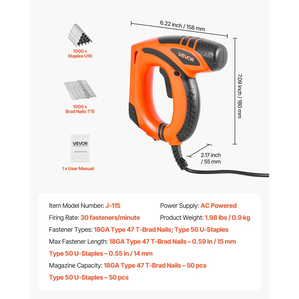 VEVOR - Pistola de clavos eléctrica 2 en 1, grapadora y clavadora de clavos, calibre 18 de 5/8 pulgadas, con 1000 grapas y 1000 clavos, agarre de goma antideslizante, para carpintería y proyectos de bricolaje.