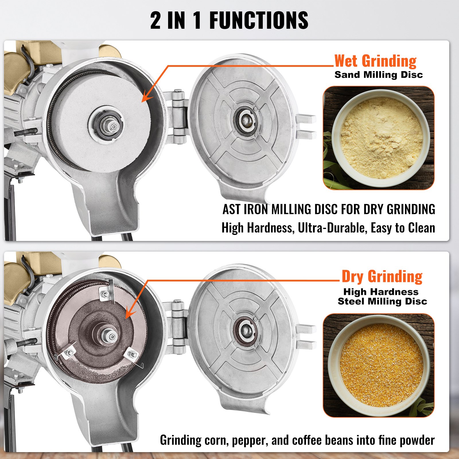 Molinillo eléctrico de granos VEVOR, 3000 W, para especias, comercial, con embudo, para polvo de espesor ajustable, para harina de alta resistencia, para cereales y trigo, para uso en seco y húmedo.