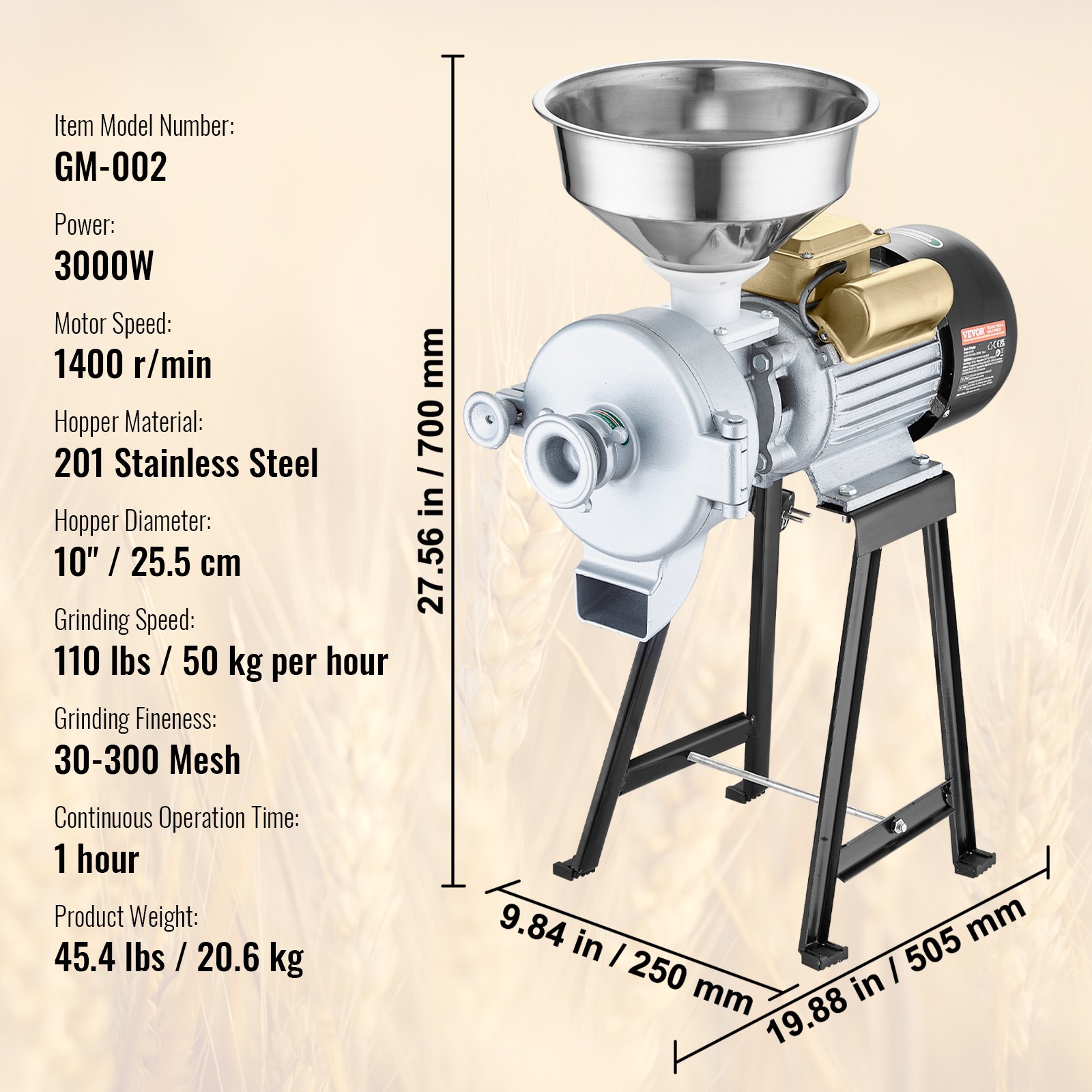 Molinillo eléctrico de granos VEVOR, 3000 W, para especias, comercial, con embudo, para polvo de espesor ajustable, para harina de alta resistencia, para cereales y trigo, para uso en seco y húmedo.