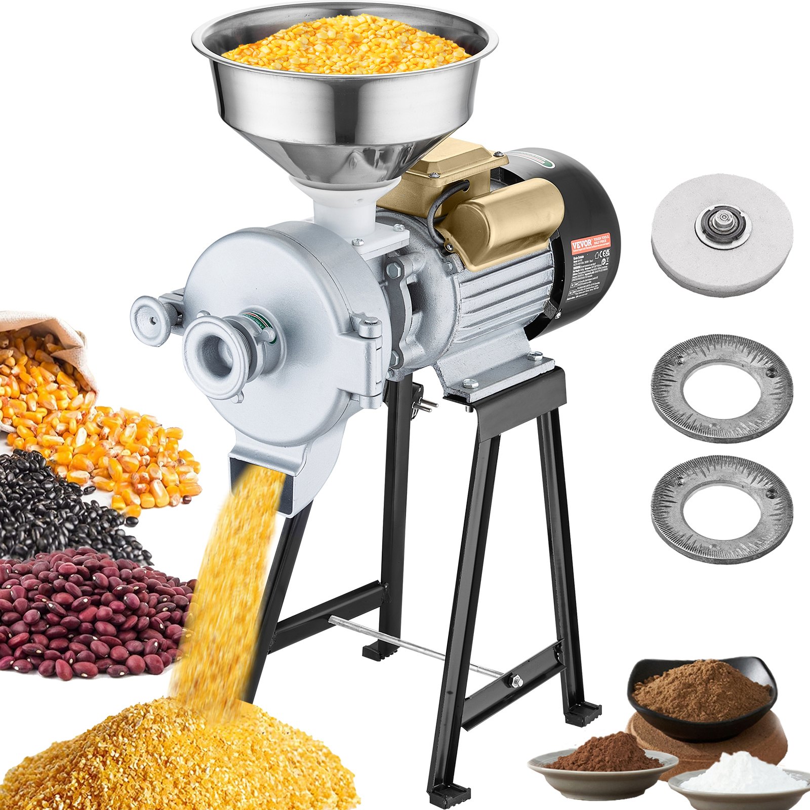 Molinillo eléctrico de granos VEVOR, 3000 W, para especias, comercial, con embudo, para polvo de espesor ajustable, para harina de alta resistencia, para cereales y trigo, para uso en seco y húmedo.