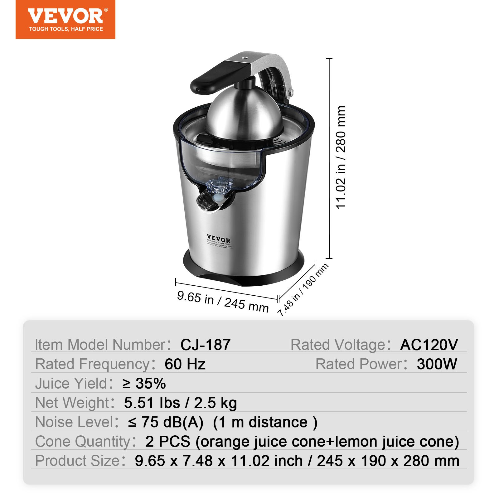 VEVOR Exprimidor eléctrico de cítricos, exprimidor de zumo de naranja con conos de exprimido de dos tamaños, exprimidor de naranja de acero inoxidable de 300 W con mango suave, para naranjas, pomelos, limones y otras frutas cítricas