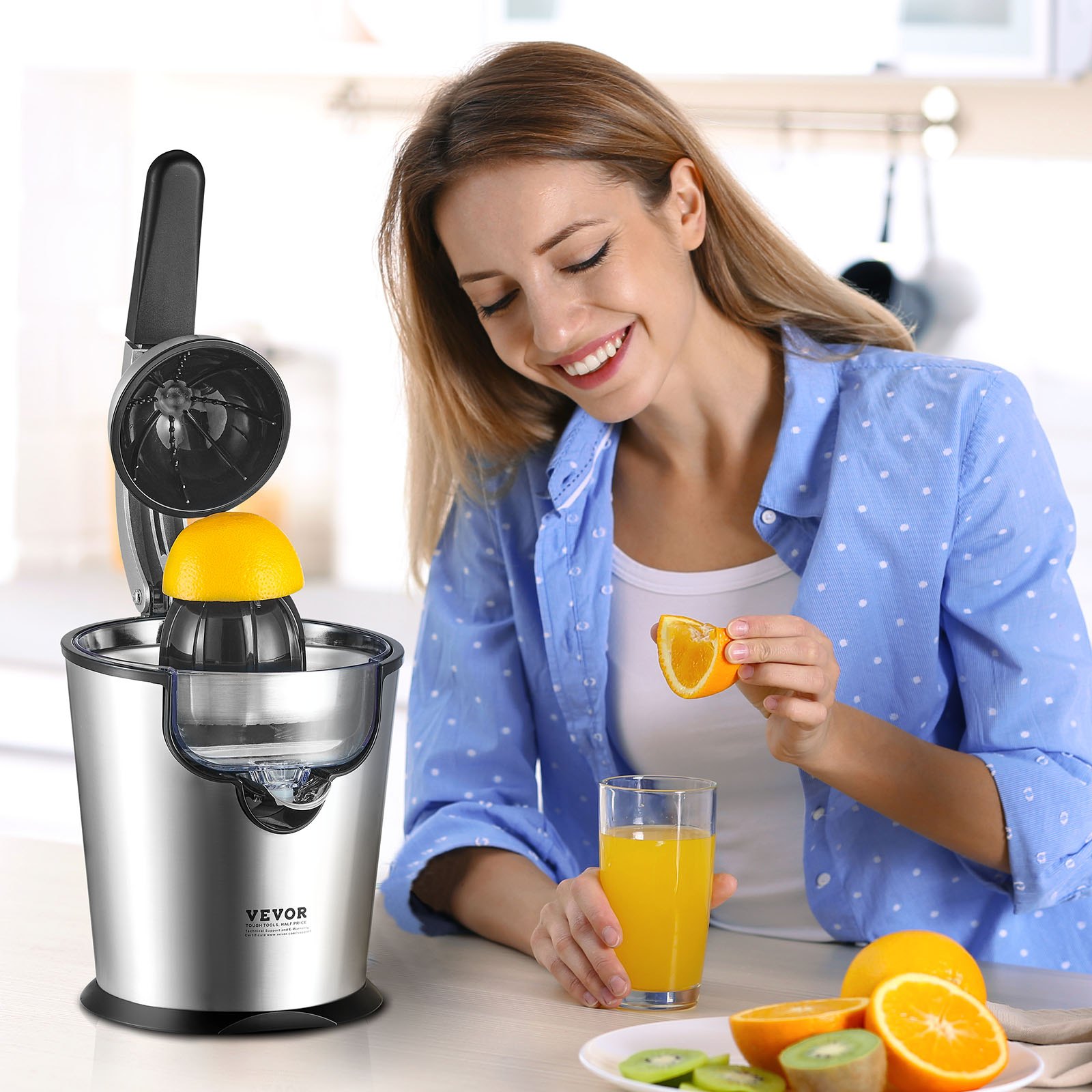 VEVOR Exprimidor eléctrico de cítricos, exprimidor de zumo de naranja con conos de exprimido de dos tamaños, exprimidor de naranja de acero inoxidable de 300 W con mango suave, para naranjas, pomelos, limones y otras frutas cítricas