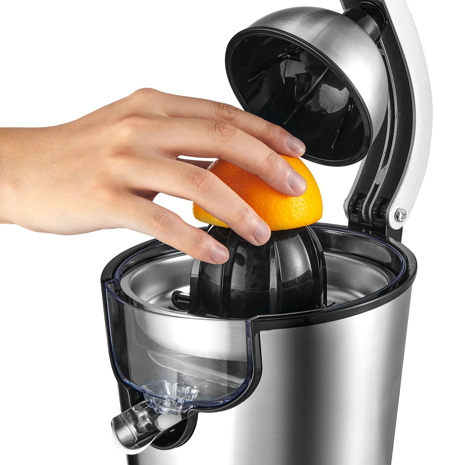 VEVOR Exprimidor eléctrico de cítricos, exprimidor de zumo de naranja con conos de exprimido de dos tamaños, exprimidor de naranja de acero inoxidable de 300 W con mango suave, para naranjas, pomelos, limones y otras frutas cítricas