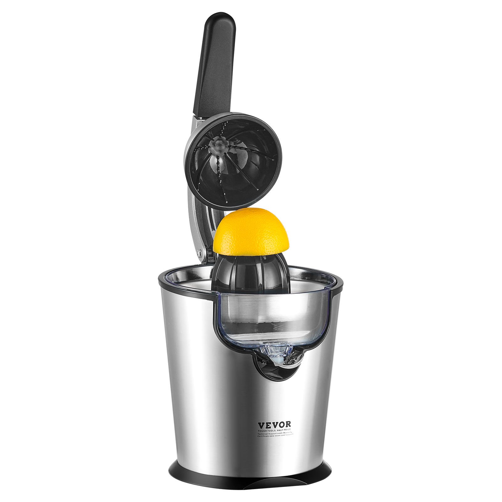 VEVOR Exprimidor eléctrico de cítricos, exprimidor de zumo de naranja con conos de exprimido de dos tamaños, exprimidor de naranja de acero inoxidable de 300 W con mango suave, para naranjas, pomelos, limones y otras frutas cítricas
