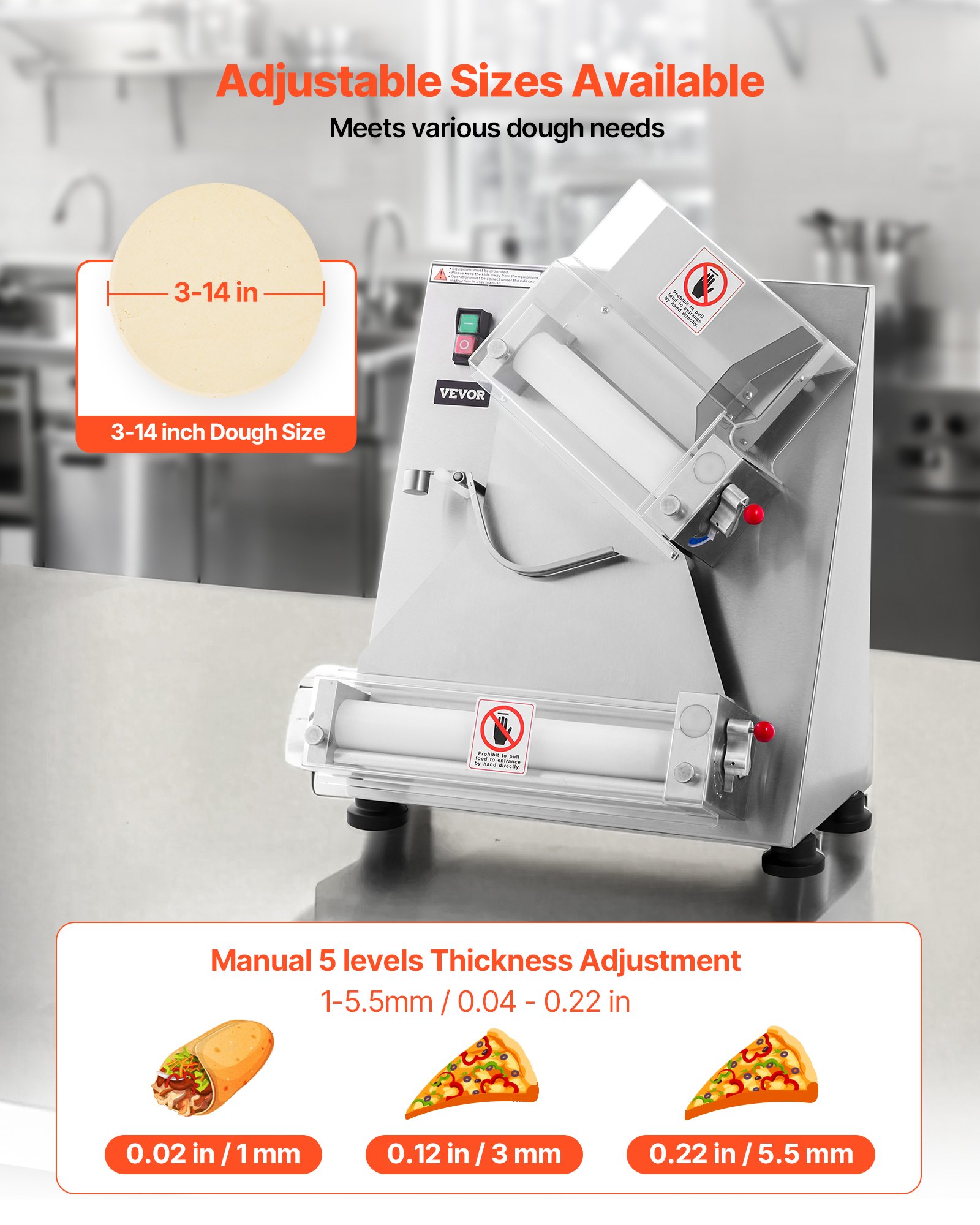 Rodillo laminador de masa para pizza VEVOR, prensa automática de acero inoxidable de 7,6 a 35,5 cm, máquina eléctrica comercial para hacer pasta de 370 W, 260 piezas por hora, grosor ajustable, con tapa para prensar masa