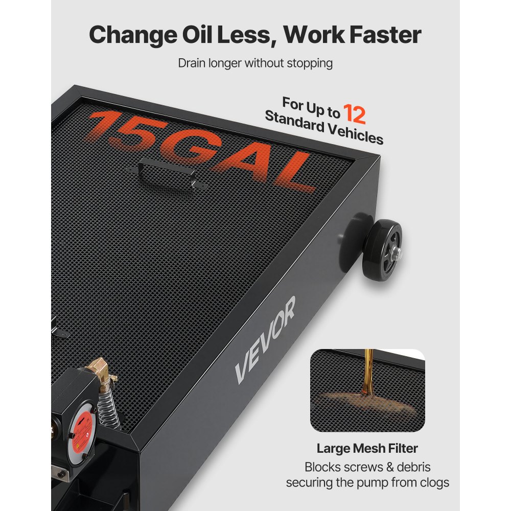 VEVOR Bandeja de drenaje de aceite de perfil bajo, bandeja de drenaje de aceite de 15 galones con bomba, bandeja de cambio de aceite con bomba eléctrica de 180 W, manguera de 8.2 pies y mango plegable