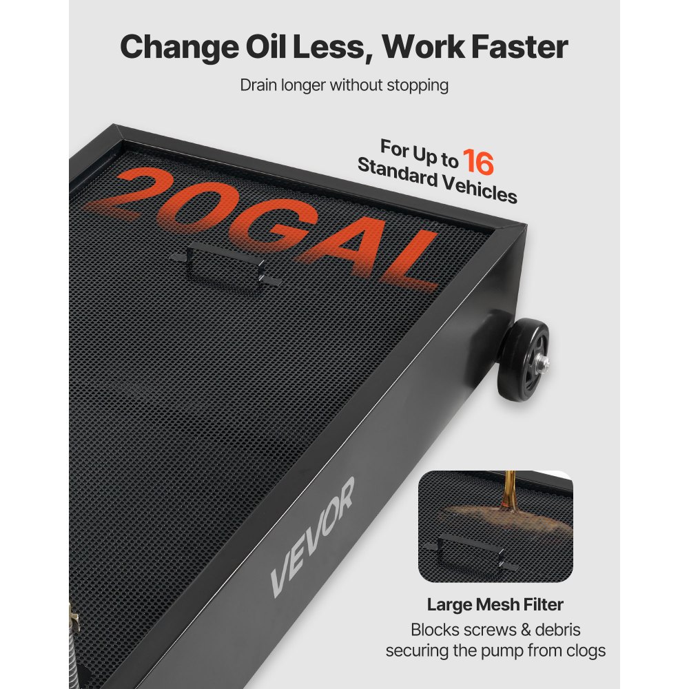 VEVOR Bandeja de drenaje de aceite de perfil bajo, bandeja de drenaje de aceite de 20 galones con bomba, bandeja de cambio de aceite con bomba eléctrica de 180 W, manguera de 8.2 pies y mango plegable