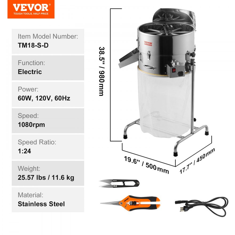 VEVOR Recortadora de Cogollos Eléctrico 48,3 cm Cortacésped 60 W Recortadoras de Hojas Velocidad Ajustable Cuchillas de Acero Inoxidable Bolsa de Red Podadora de Mano para Hojas Plantas Flores Brotes
