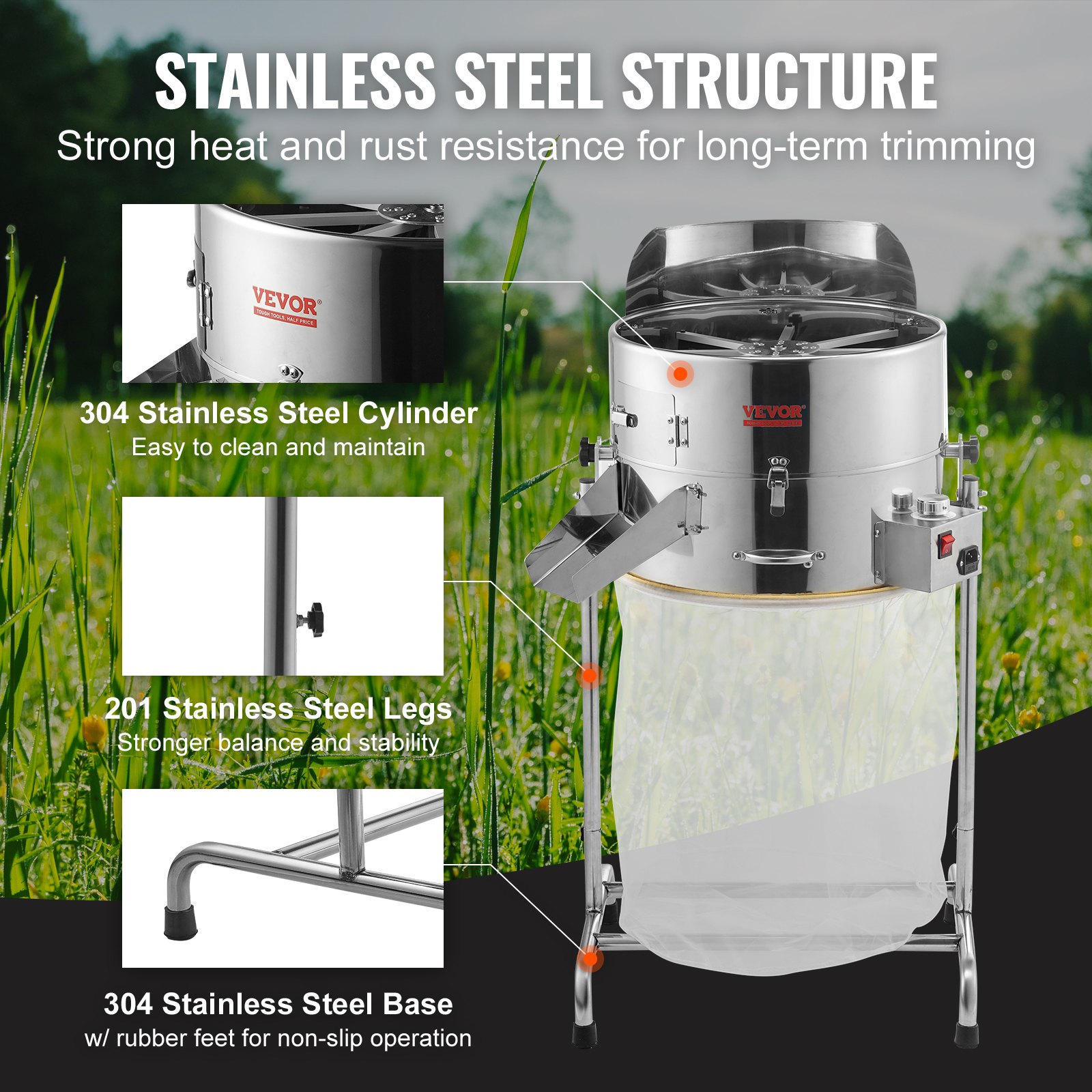 VEVOR Recortadora de Cogollos Eléctrico 48,3 cm Cortacésped 60 W Recortadoras de Hojas Velocidad Ajustable Cuchillas de Acero Inoxidable Bolsa de Red Podadora de Mano para Hojas Plantas Flores Brotes