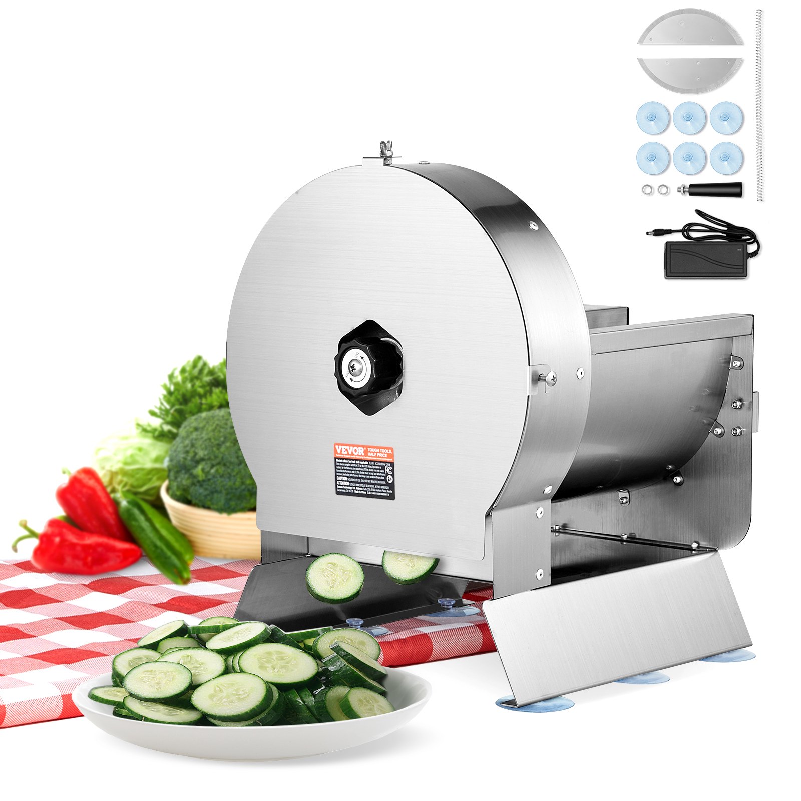 Cortadora de verduras eléctrica VEVOR, cortadora comercial ajustable de 0-12 mm de grosor, convertible a manual, de acero inoxidable, para patatas, limones, tomates y manzanas.