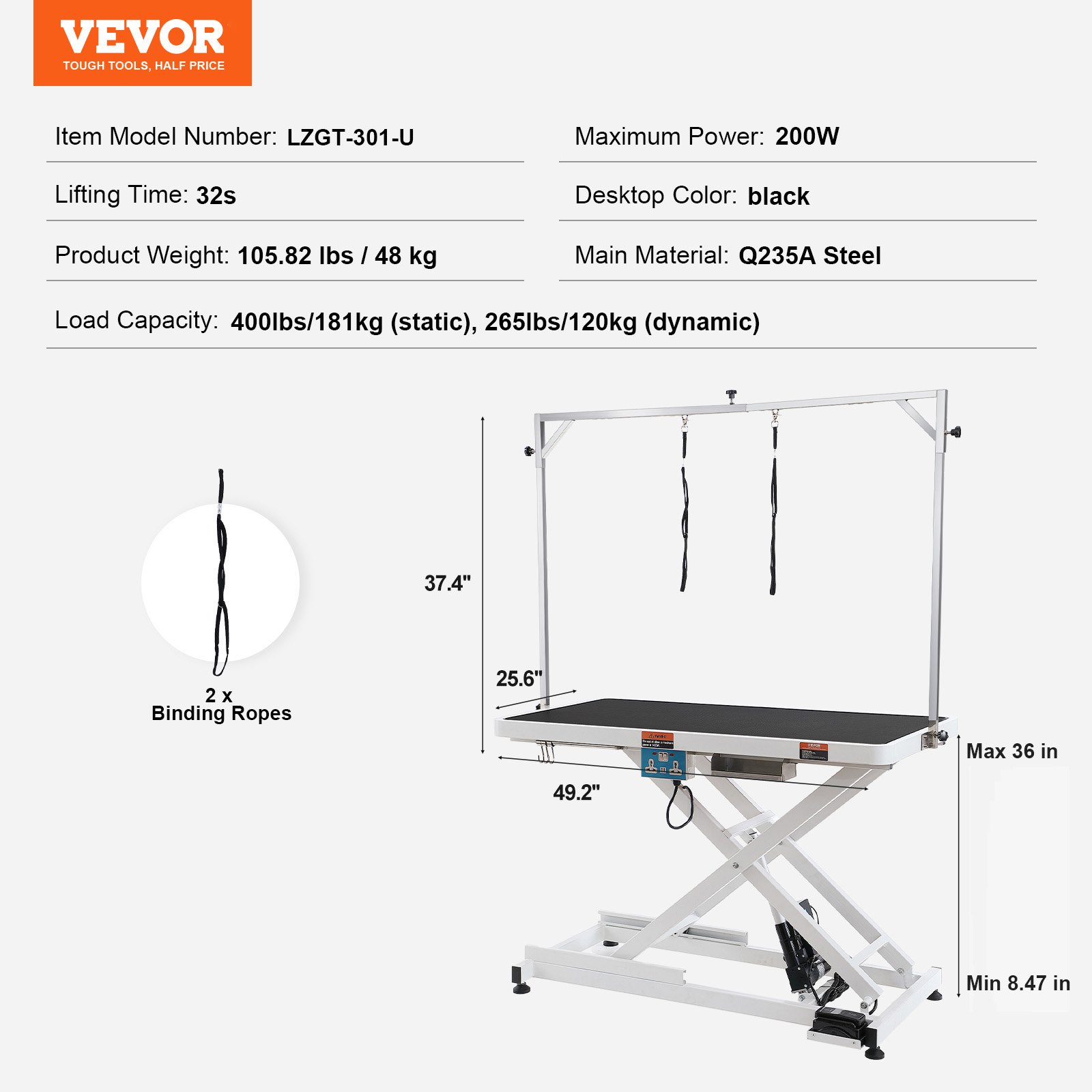 VEVOR Mesa eléctrica de aseo para mascotas de 50 pulgadas, brazo de aseo para perros grandes, estación de aseo para perros de altura ajustable, mesa antideslizante/estación de aseo para perros, rodamiento máximo 400 libras
