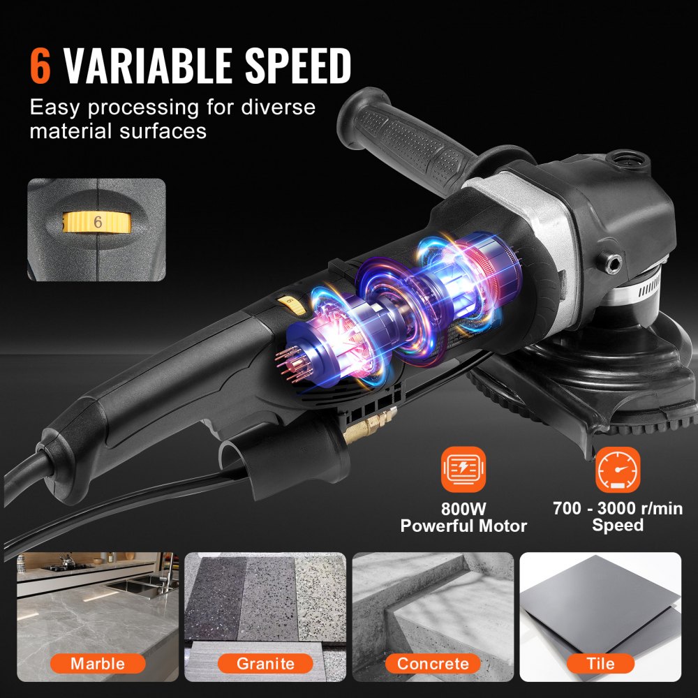 Pulidora húmeda VEVOR de 800 W, amoladora de hormigón de 4" con 6 velocidades variables y 7 kits de pulido, máquina amoladora húmeda para mármol, granito, piedra, roca y azulejos, equipada con interruptor GFCI (700 - 3000 RPM).