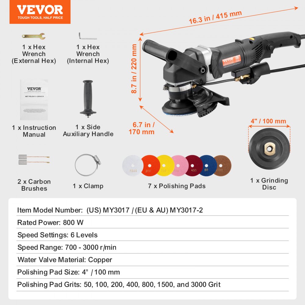Pulidora húmeda VEVOR de 800 W, amoladora de hormigón de 4" con 6 velocidades variables y 7 kits de pulido, máquina amoladora húmeda para mármol, granito, piedra, roca y azulejos, equipada con interruptor GFCI (700 - 3000 RPM).
