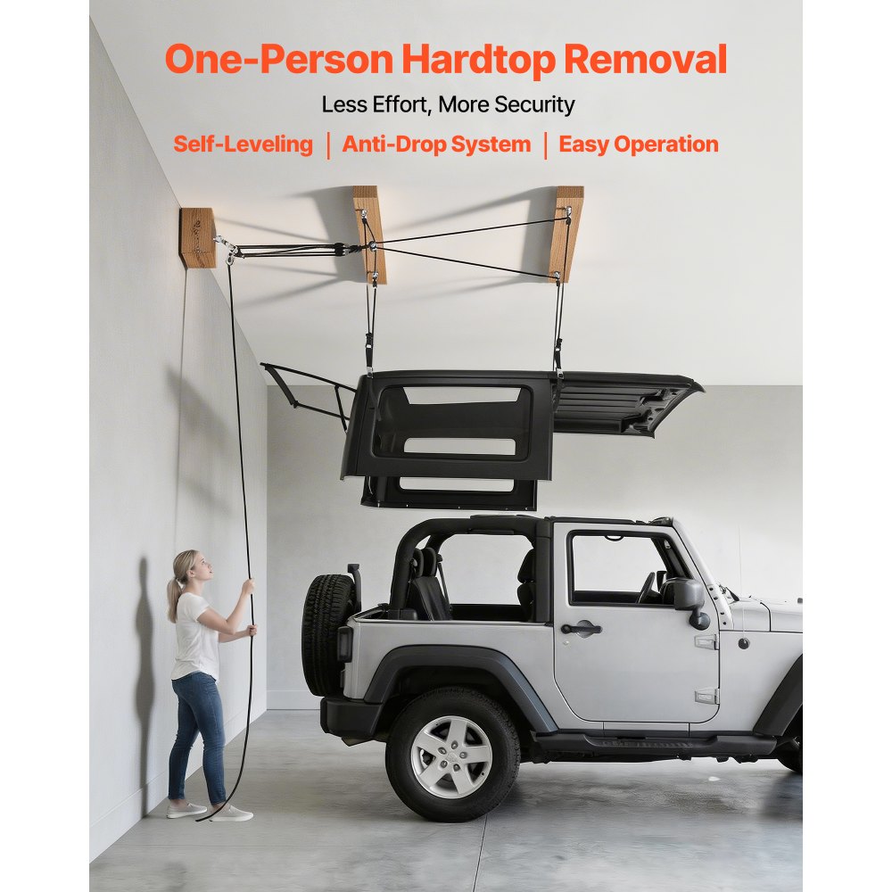 Elevador VEVOR para quitar techos rígidos, 100 kg, elevador de techo para Jeep con sistema anticaída, fácil de usar por una sola persona, soporta techos de 20 a 40 cm, para Jeep Wrangler JK JL y Ford de 2 y 4 puertas.