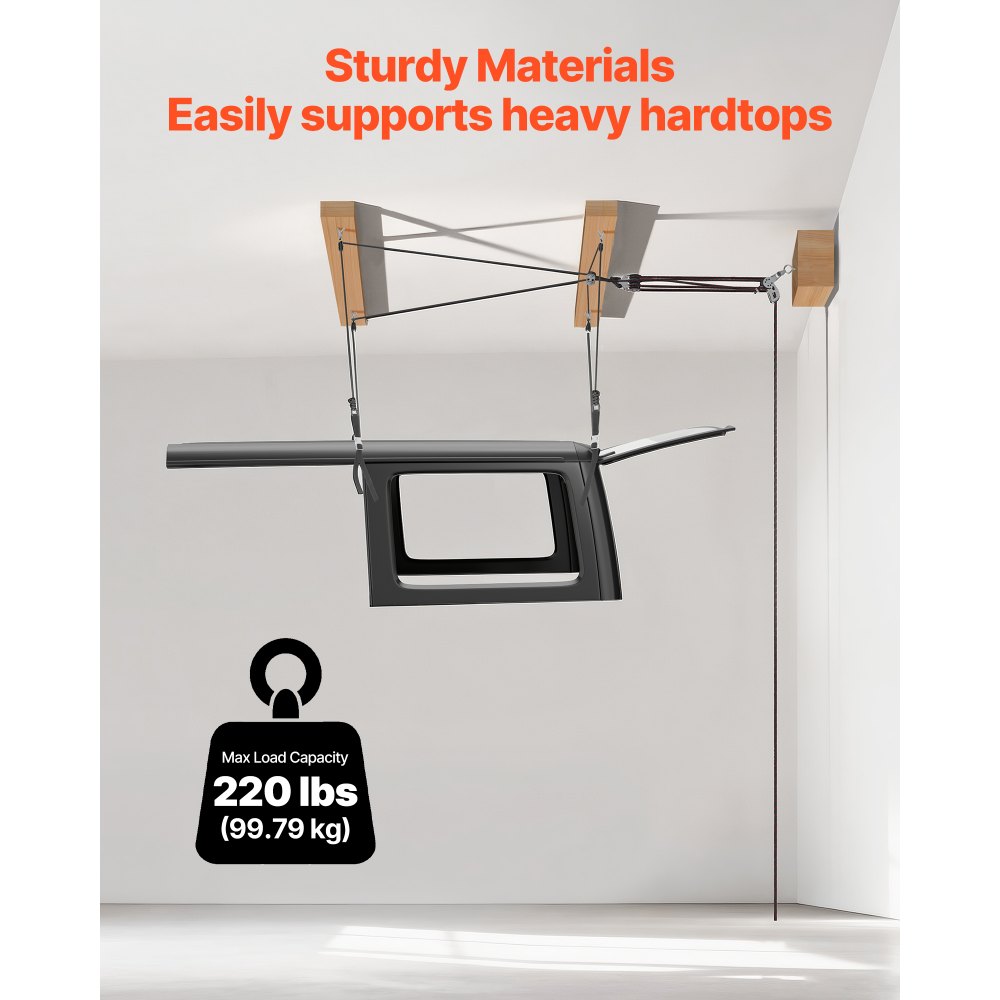 Elevador VEVOR para quitar techos rígidos, 100 kg, elevador de techo para Jeep con sistema anticaída, fácil de usar por una sola persona, soporta techos de 20 a 40 cm, para Jeep Wrangler JK JL y Ford de 2 y 4 puertas.