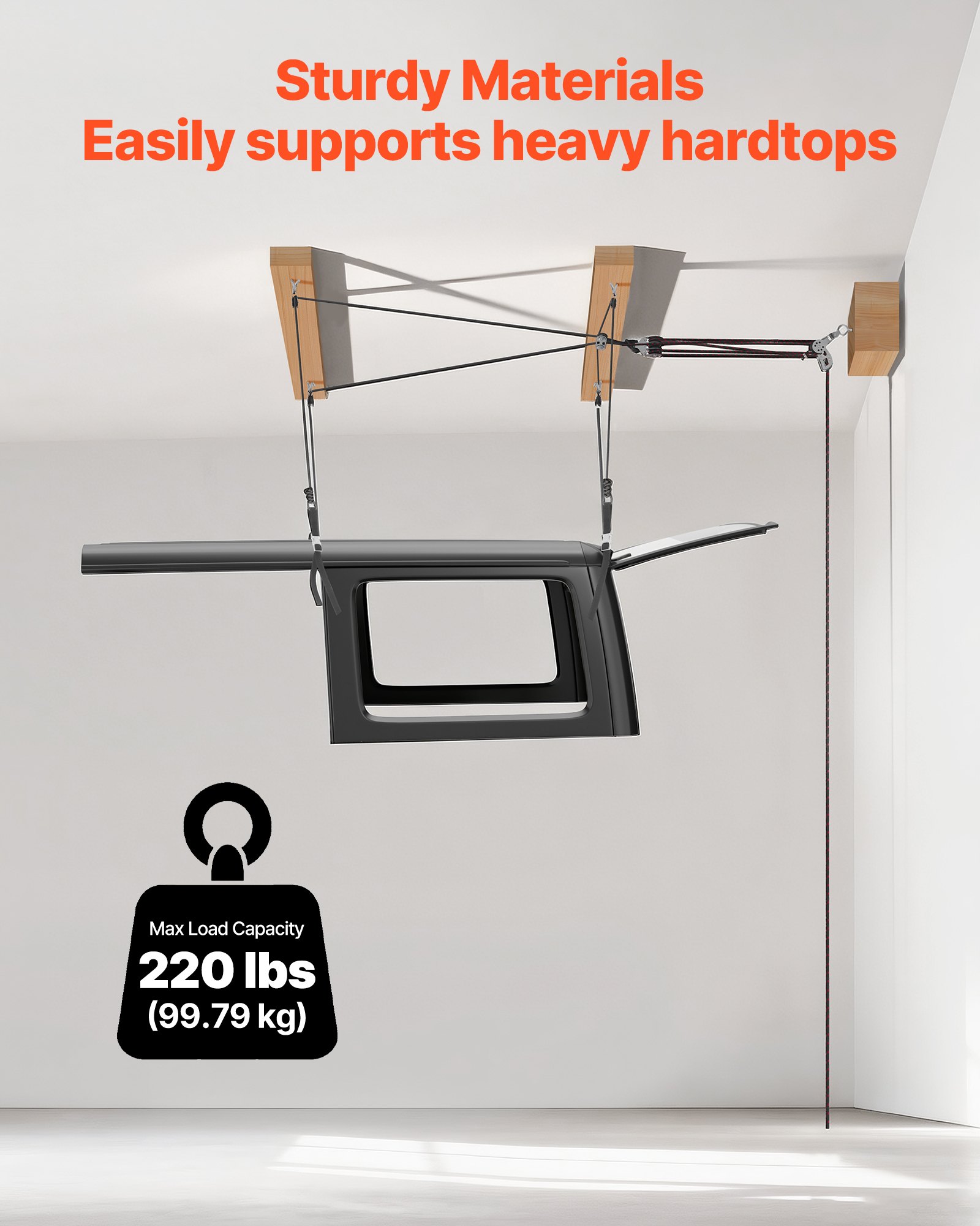 Elevador VEVOR para quitar techos rígidos, 100 kg, elevador de techo para Jeep con sistema anticaída, fácil de usar por una sola persona, soporta techos de 20 a 40 cm, para Jeep Wrangler JK JL y Ford de 2 y 4 puertas.