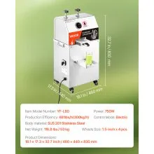 Exprimidor de caña de azúcar eléctrico VEVOR, máquina exprimidora de caña de azúcar de 750 W con alto rendimiento de 661 lb/h, 3 rodillos de acero inoxidable, entrada grande de 2,4", exprimidor de jugo de caña de azúcar con ruedas para uso doméstico/comercial