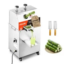 Exprimidor de caña de azúcar eléctrico VEVOR, máquina exprimidora de caña de azúcar de 750 W con alto rendimiento de 661 lb/h, 3 rodillos de acero inoxidable, entrada grande de 2,4", exprimidor de jugo de caña de azúcar con ruedas para uso doméstico/comercial