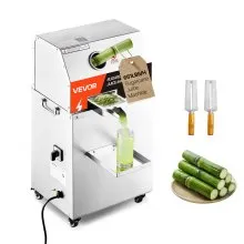 Exprimidor de caña de azúcar eléctrico VEVOR, máquina exprimidora de caña de azúcar de 800 W con alto rendimiento de 661 lb/h, 3 rodillos de acero inoxidable, entrada grande de 2,4", exprimidor de jugo de caña de azúcar con ruedas para uso doméstico/comercial