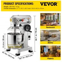 VEVOR Batidora Industrial Tuspuzz Mezclador de Alimentos 20Qt Batidora Amasadora 750W Robot de Cocina Mezcladora Amasadora 73 kg Velocidades