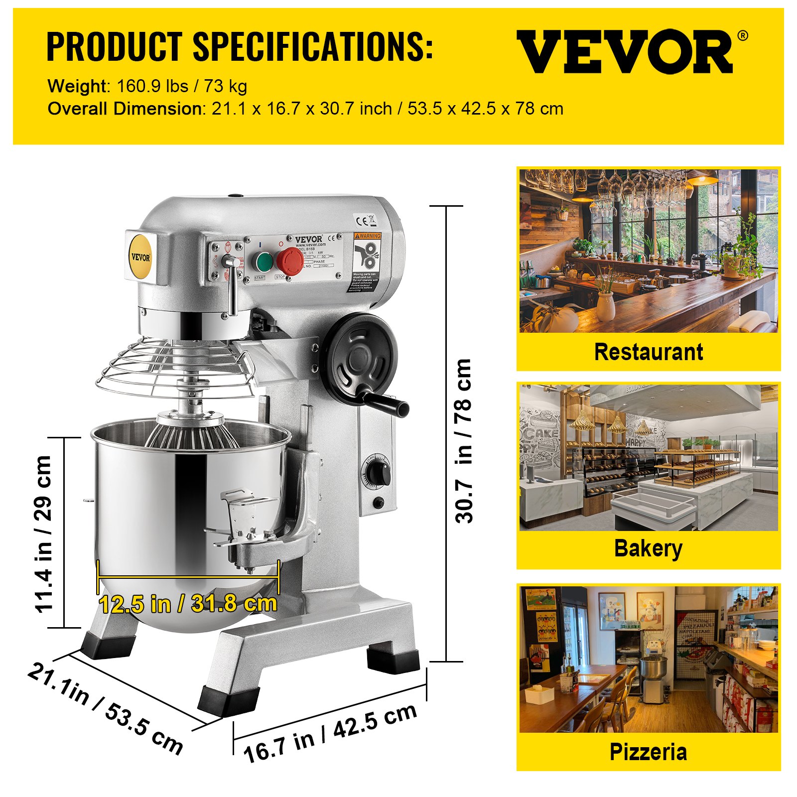 Dimensiones y configuraciones de uso de la batidora de alimentos comercial VEVOR en restaurantes, panaderías y pizzerías.
