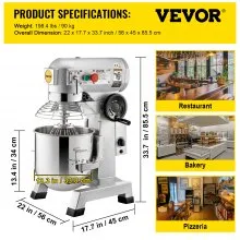 VEVOR Batidora Industrial Tuspuzz Mezclador de Alimentos 30Qt Batidora Amasadora 1100W Robot de Cocina Mezcladora Amasadora 90 kg Velocidades