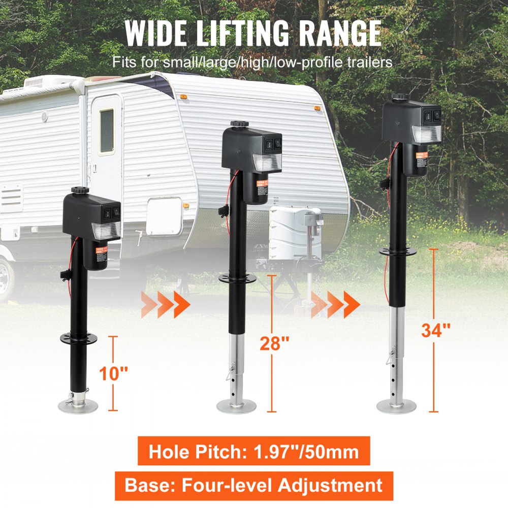 Gato eléctrico para remolque VEVOR, con capacidad de 1587 kg (3500 lb), de 25 a 85 cm (9.84 a 33.85 pulgadas) y cubierta impermeable para levantar remolques de autocaravanas, remolques para caballos, remolques utilitarios y remolques para yates.