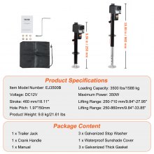 Gato eléctrico para remolque VEVOR, capacidad de peso del gato de lengüeta eléctrica de 3500 libras, gato eléctrico de lengüeta de 9.84"-33.85" con cubierta impermeable para levantar remolque RV, remolque de caballos, remolque utilitario, remolque de yate